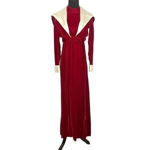 Vintage 70s Red Velvet Ball Gown Backless Bolero Jacket Set Mrs Claus Christmas